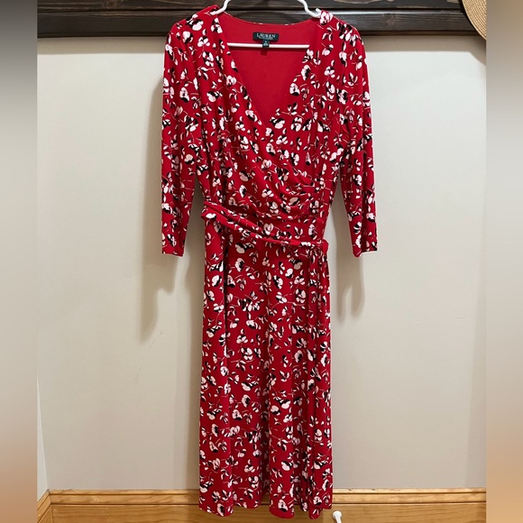 Lauren Ralph Lauren Red Floral Faux Wrap Jersey Dress Size 12 - Picture 2 of 15